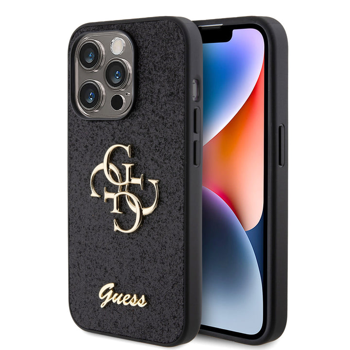 Guess iPhone 15 Pro Backcover hoesje - Big 4G - Fixed Glitter - Zwart-Hoesjes-Ilumina Benelux