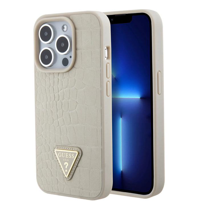 Guess iPhone 15 Pro Backcover hoesje - Croco - Triangle Logo - Goud-Hoesjes-Ilumina Benelux