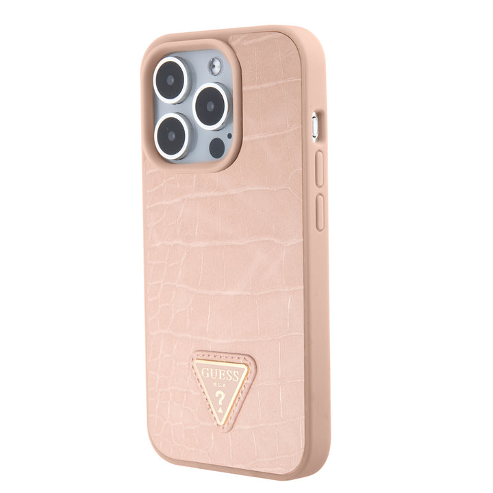 Guess iPhone 15 Pro Backcover hoesje - Croco - Triangle Logo - Roze-Hoesjes-Ilumina Benelux