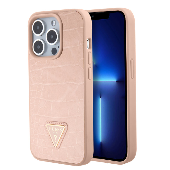 Guess iPhone 15 Pro Backcover hoesje - Croco - Triangle Logo - Roze-Hoesjes-Ilumina Benelux