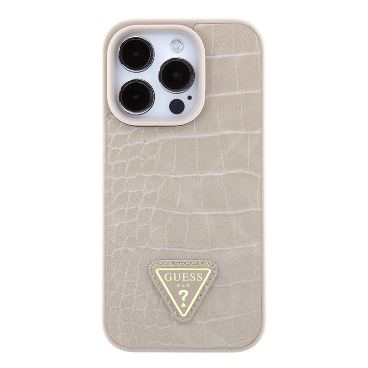 Guess iPhone 15 Pro Backcover hoesje Croco triangle logo - Taupe-Hoesjes-Ilumina Benelux