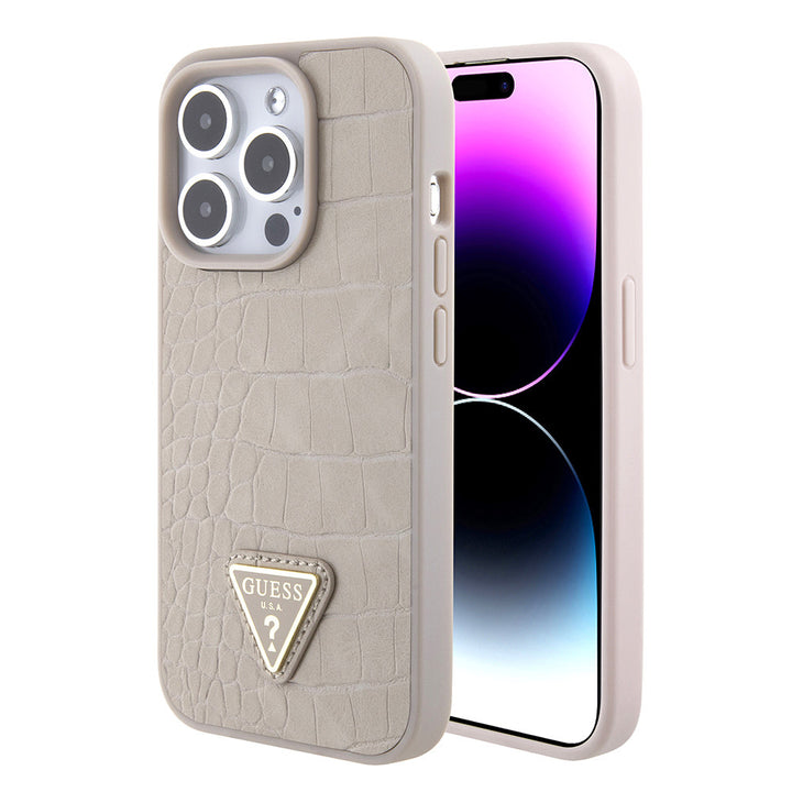 Guess iPhone 15 Pro Backcover hoesje Croco triangle logo - Taupe-Hoesjes-Ilumina Benelux