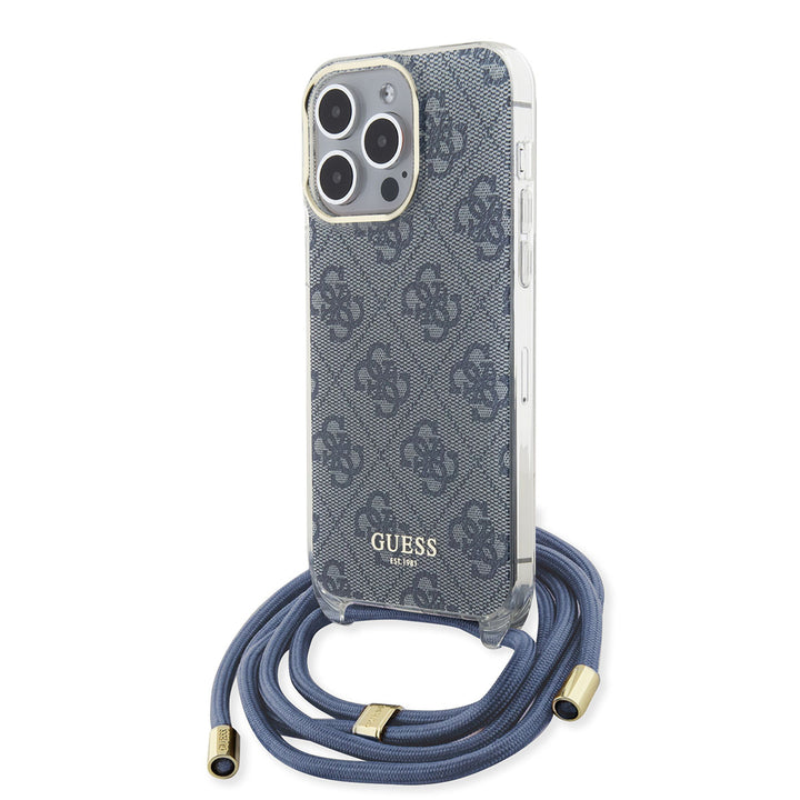 Guess iPhone 15 Pro Backcover hoesje Crossbody cord - 4G print - Blauw-Hoesjes-Ilumina Benelux