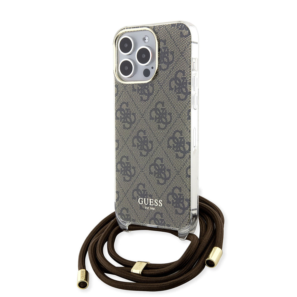 Guess iPhone 15 Pro Backcover hoesje Crossbody cord - 4G print - Bruin-Hoesjes-Ilumina Benelux