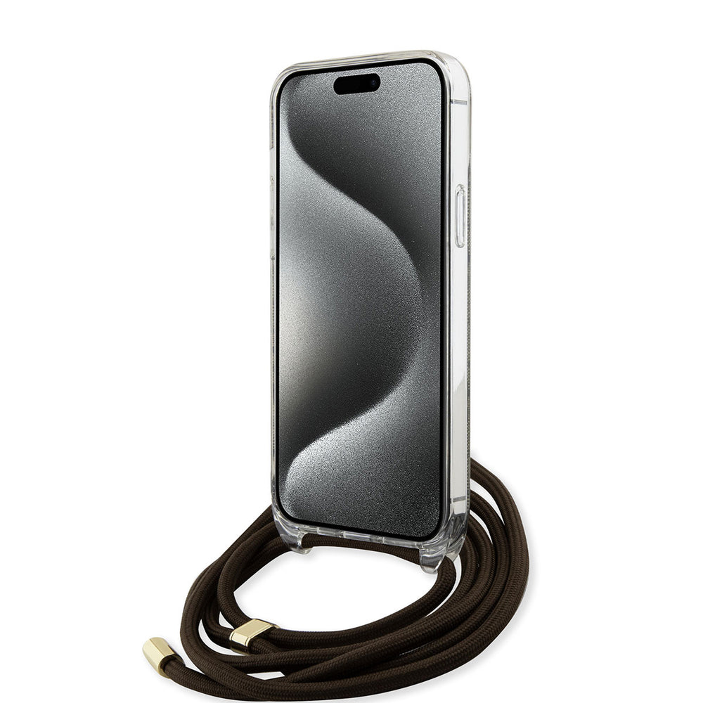 Guess iPhone 15 Pro Backcover hoesje Crossbody cord - 4G print - Bruin-Hoesjes-Ilumina Benelux
