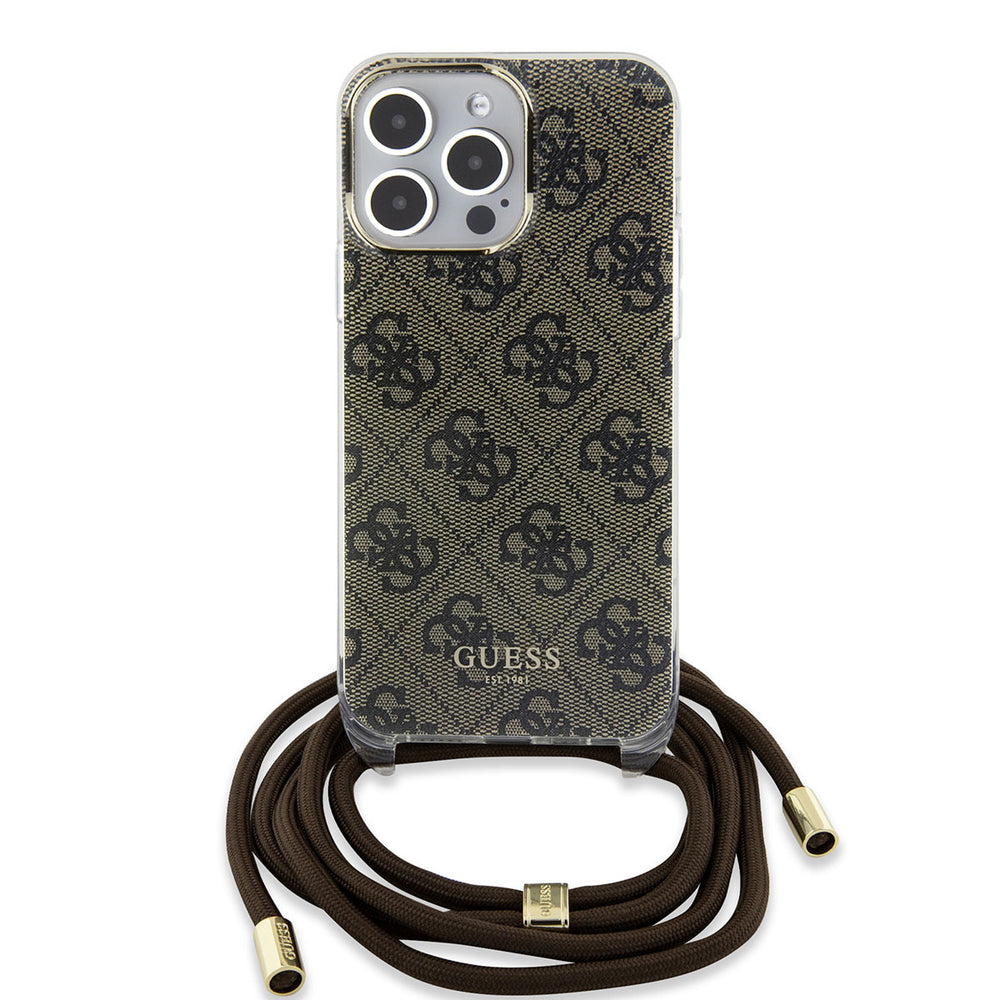 Guess iPhone 15 Pro Backcover hoesje Crossbody cord - 4G print - Bruin-Hoesjes-Ilumina Benelux