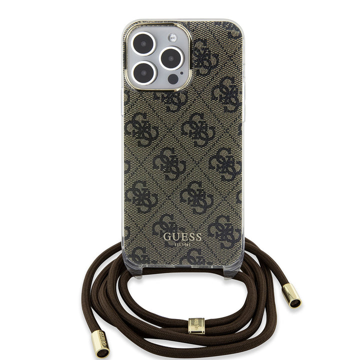 Guess iPhone 15 Pro Backcover hoesje Crossbody cord - 4G print - Bruin-Hoesjes-Ilumina Benelux