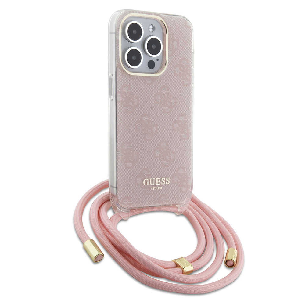 Guess iPhone 15 Pro Backcover hoesje Crossbody cord - 4G print - Roze-Hoesjes-Ilumina Benelux