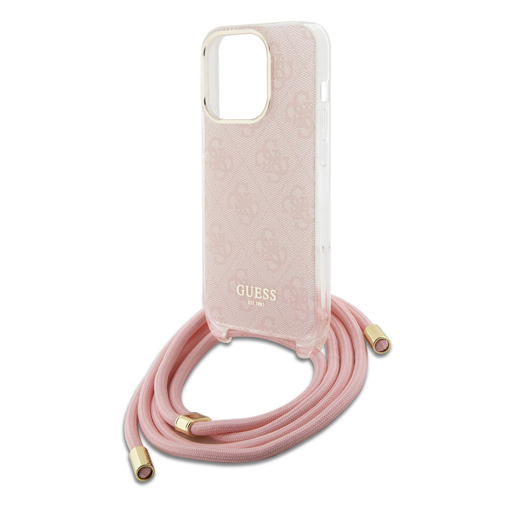 Guess iPhone 15 Pro Backcover hoesje Crossbody cord - 4G print - Roze-Hoesjes-Ilumina Benelux