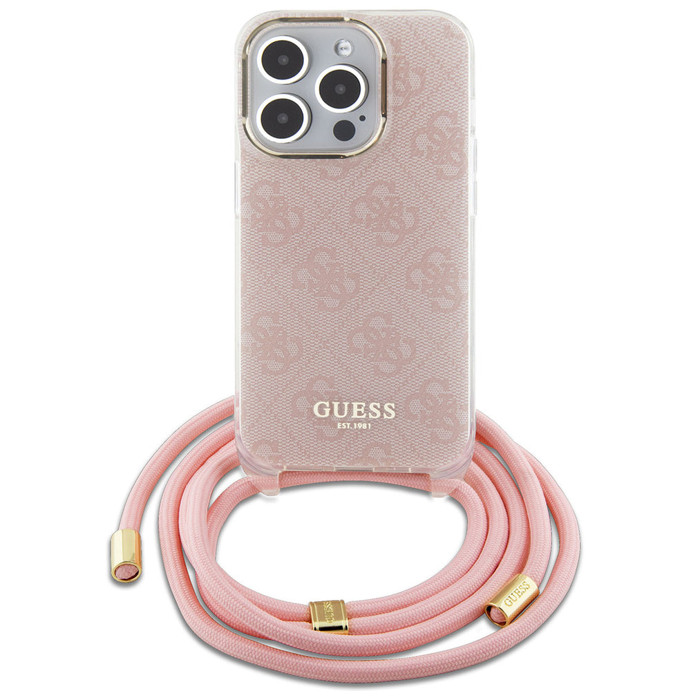 Guess iPhone 15 Pro Backcover hoesje Crossbody cord - 4G print - Roze-Hoesjes-Ilumina Benelux