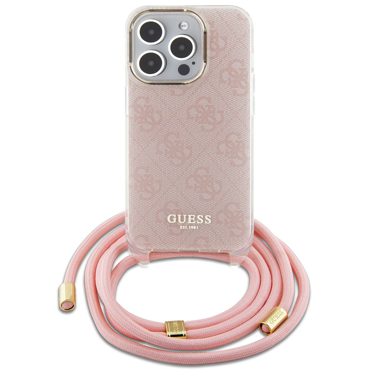 Guess iPhone 15 Pro Backcover hoesje Crossbody cord - 4G print - Roze-Hoesjes-Ilumina Benelux