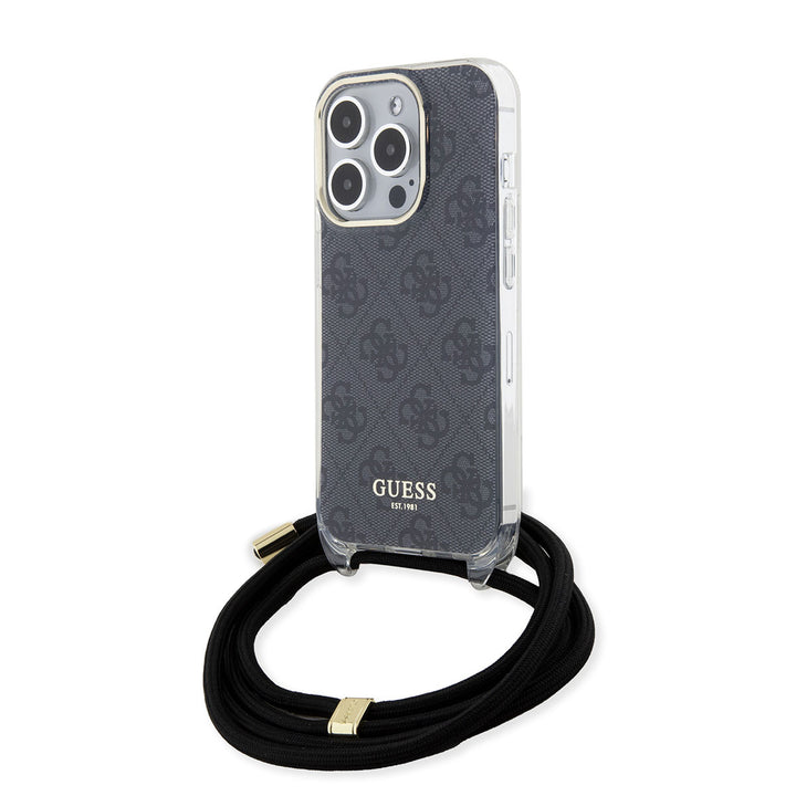 Guess iPhone 15 Pro Backcover hoesje Crossbody cord - 4G print - Zwart-Hoesjes-Ilumina Benelux
