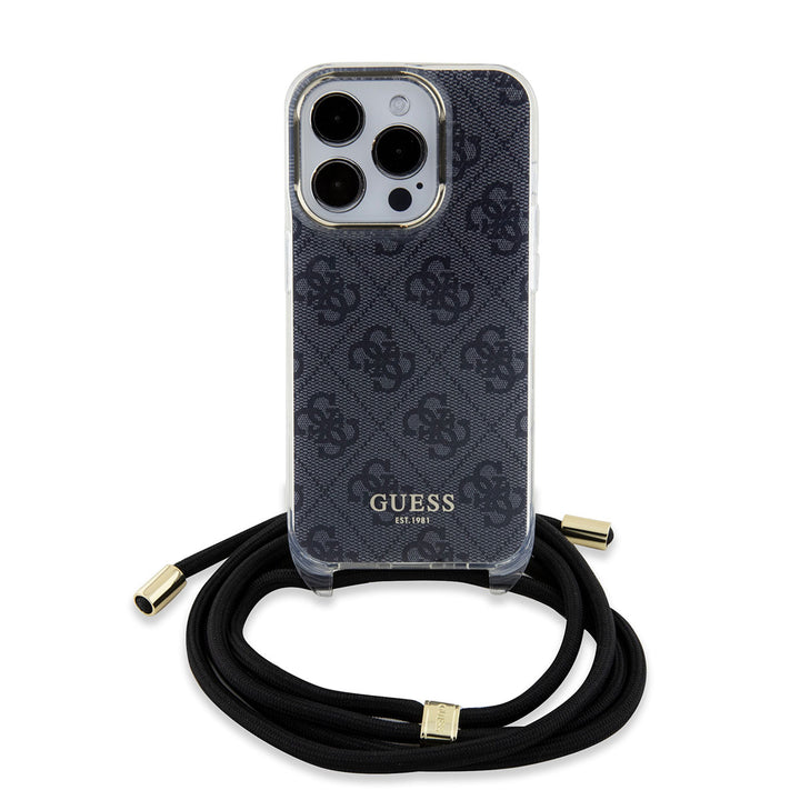 Guess iPhone 15 Pro Backcover hoesje Crossbody cord - 4G print - Zwart-Hoesjes-Ilumina Benelux