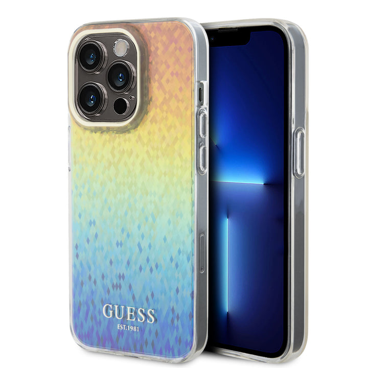 Guess iPhone 15 Pro Backcover hoesje - Faceted Mirror Disco Pattern - Iridescent-Hoesjes-Ilumina Benelux