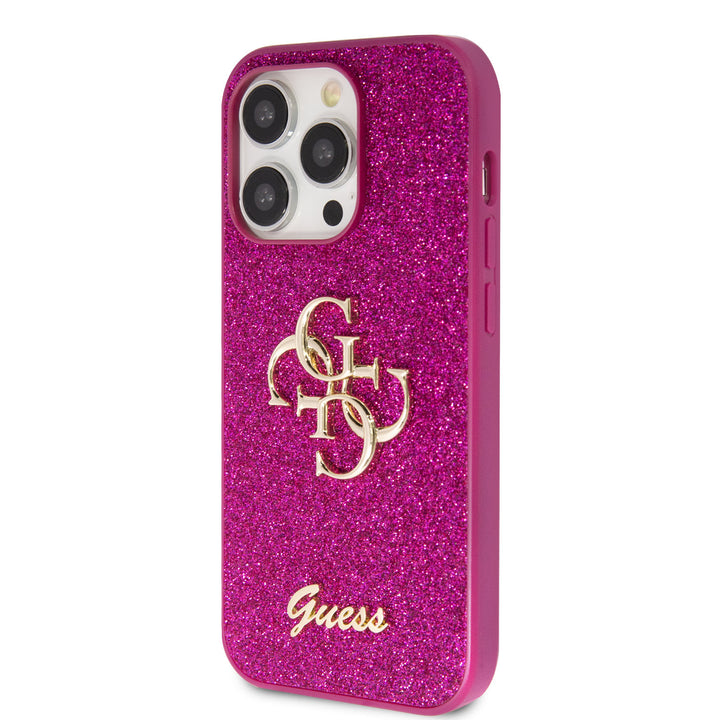 Guess iPhone 15 Pro Backcover hoesje - Fixed Glitter - Big 4G Metal Logo - Paars-Hoesjes-Ilumina Benelux
