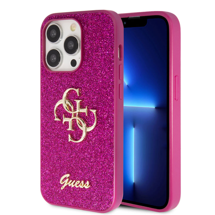 Guess iPhone 15 Pro Backcover hoesje - Fixed Glitter - Big 4G Metal Logo - Paars-Hoesjes-Ilumina Benelux