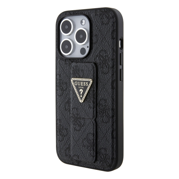 Guess iPhone 15 Pro Backcover hoesje - Gripstand - 4G Triangle Strass Pattern - Zwart-Hoesjes-Ilumina Benelux