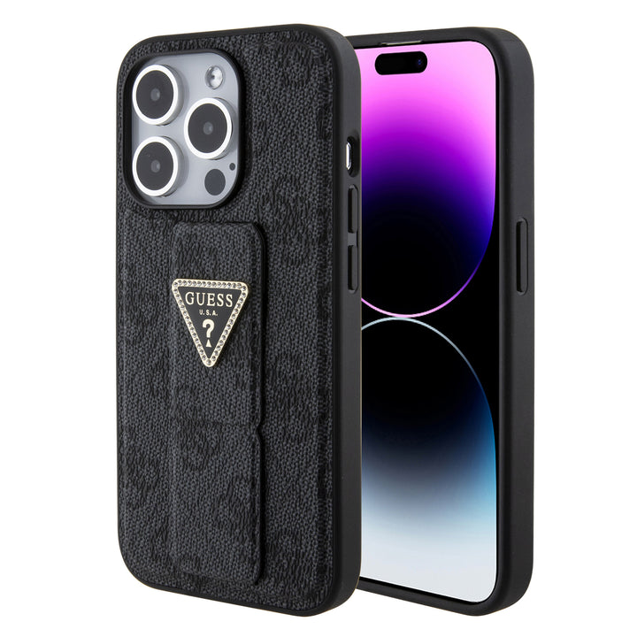 Guess iPhone 15 Pro Backcover hoesje - Gripstand - 4G Triangle Strass Pattern - Zwart-Hoesjes-Ilumina Benelux