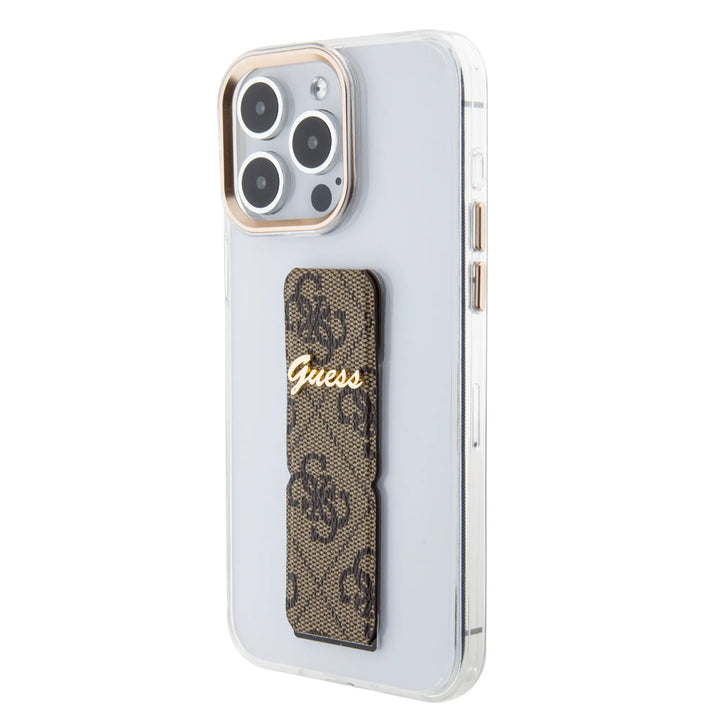 Guess iPhone 15 Pro Backcover hoesje - Gripstand - Clear Case - 4G Script Logo - Bruin-Hoesjes-Ilumina Benelux