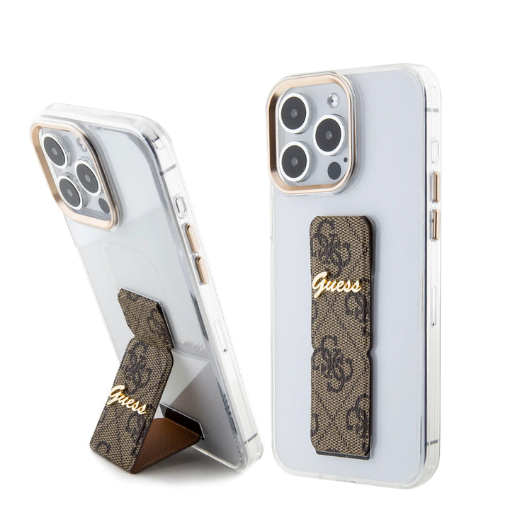 Guess iPhone 15 Pro Backcover hoesje - Gripstand - Clear Case - 4G Script Logo - Bruin-Hoesjes-Ilumina Benelux