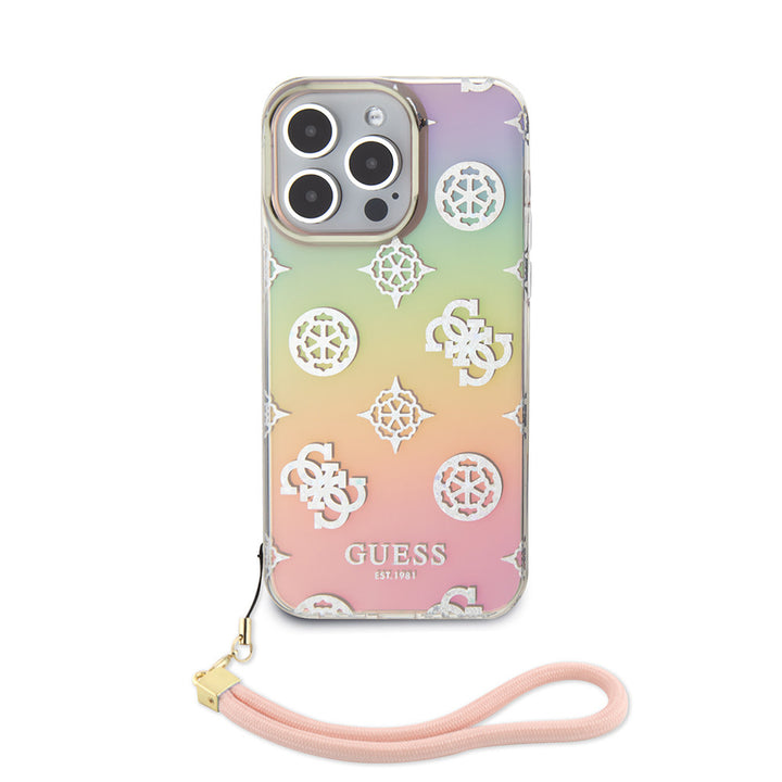 Guess iPhone 15 Pro Backcover hoesje Iridescent - Glitter pattern peony - cordstrap - Roze-Hoesjes-Ilumina Benelux