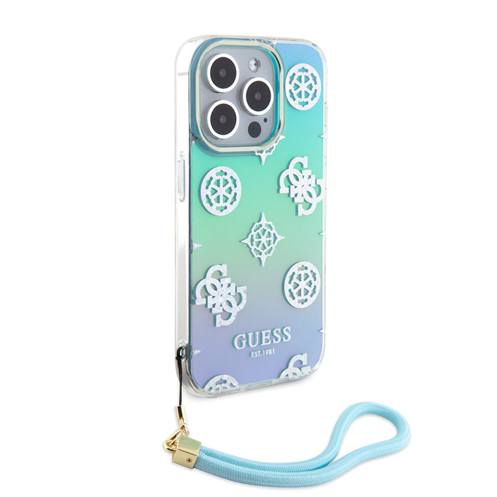 Guess iPhone 15 Pro Backcover hoesje Iridescent - Glitter pattern peony - cordstrap - Turquoise-Hoesjes-Ilumina Benelux