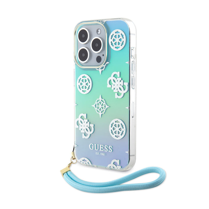Guess iPhone 15 Pro Backcover hoesje Iridescent - Glitter pattern peony - cordstrap - Turquoise-Hoesjes-Ilumina Benelux