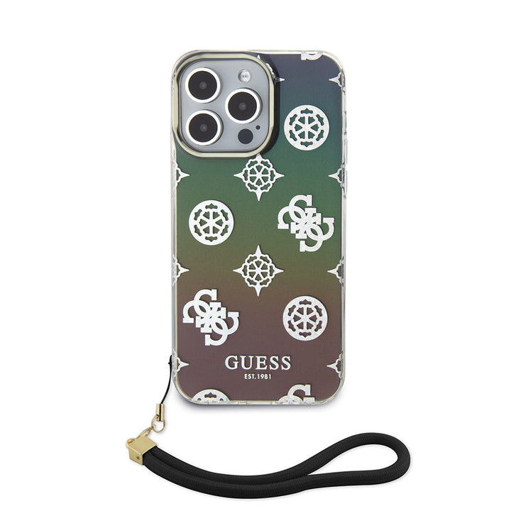 Guess iPhone 15 Pro Backcover hoesje Iridescent - Glitter pattern peony - cordstrap - Zwart-Hoesjes-Ilumina Benelux