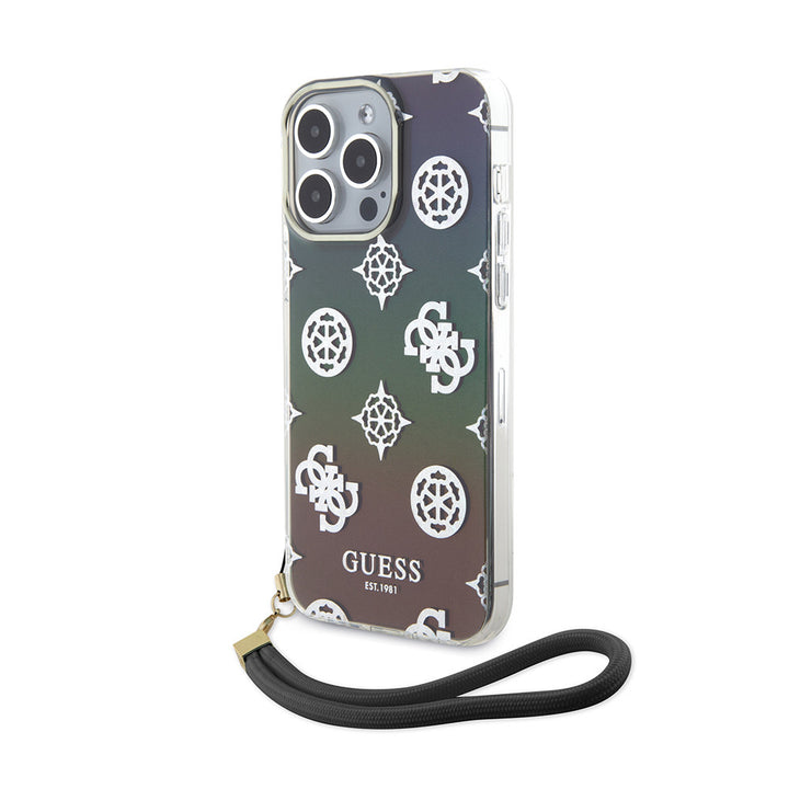 Guess iPhone 15 Pro Backcover hoesje Iridescent - Glitter pattern peony - cordstrap - Zwart-Hoesjes-Ilumina Benelux