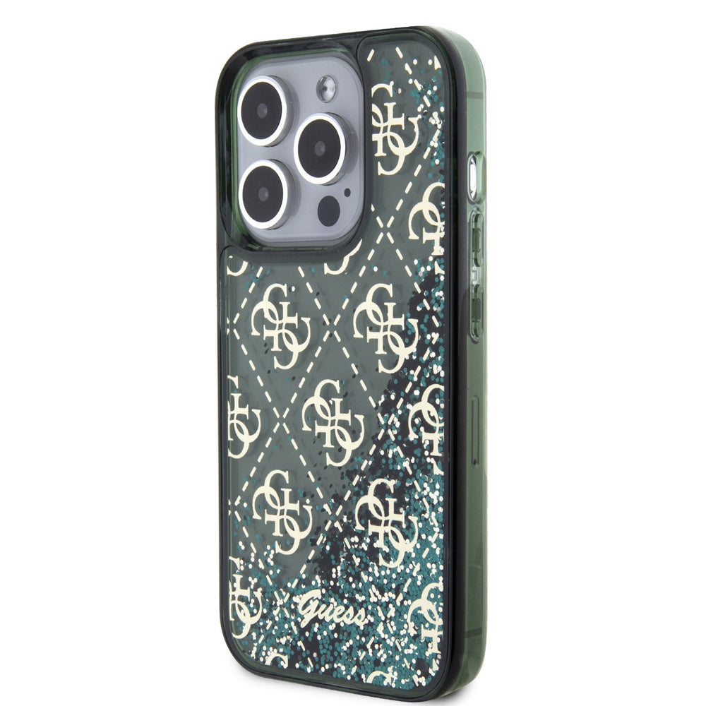 Guess iPhone 15 Pro Backcover hoesje - Liquid Glitter - 4G Pattern - Groen-Hoesjes-Ilumina Benelux