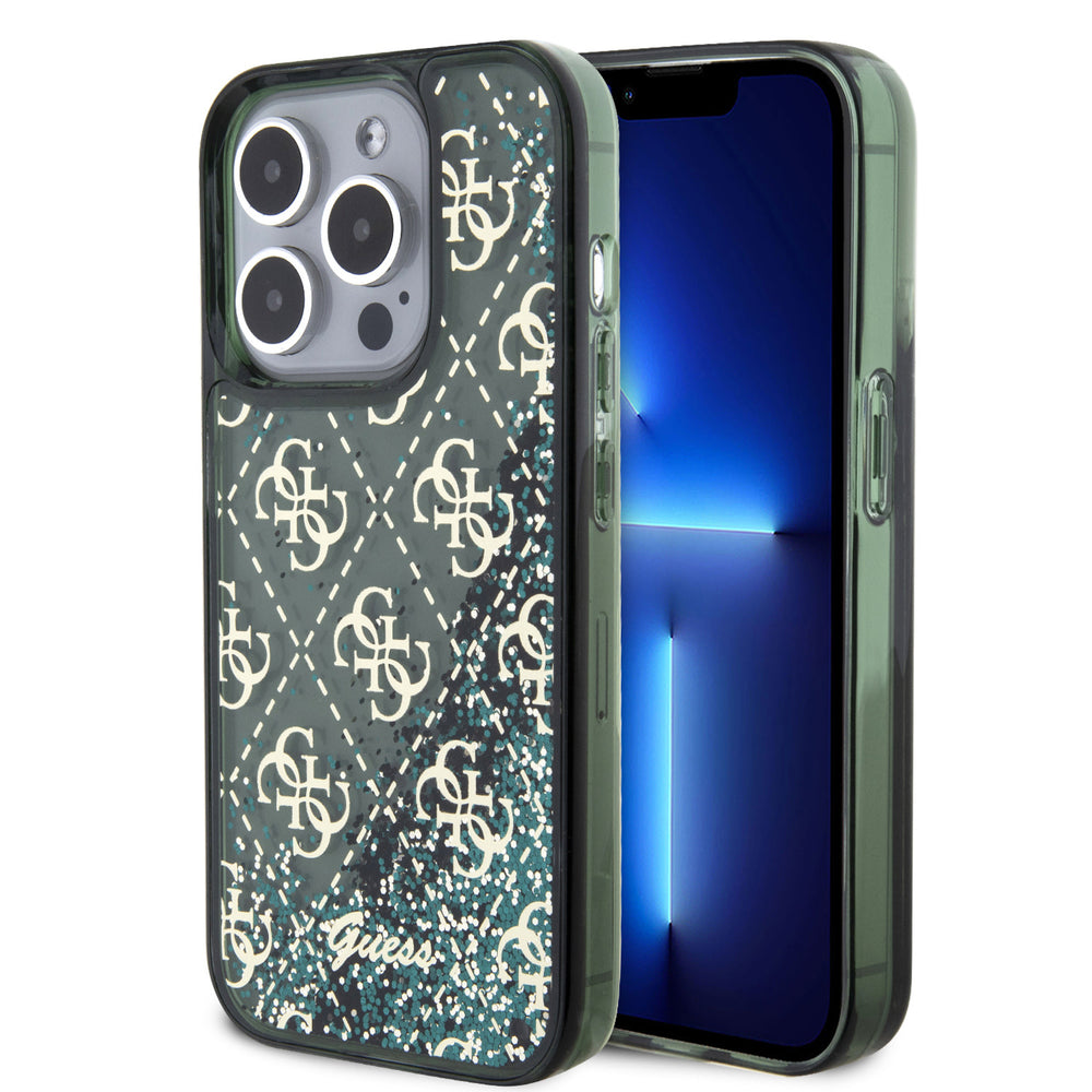 Guess iPhone 15 Pro Backcover hoesje - Liquid Glitter - 4G Pattern - Groen-Hoesjes-Ilumina Benelux
