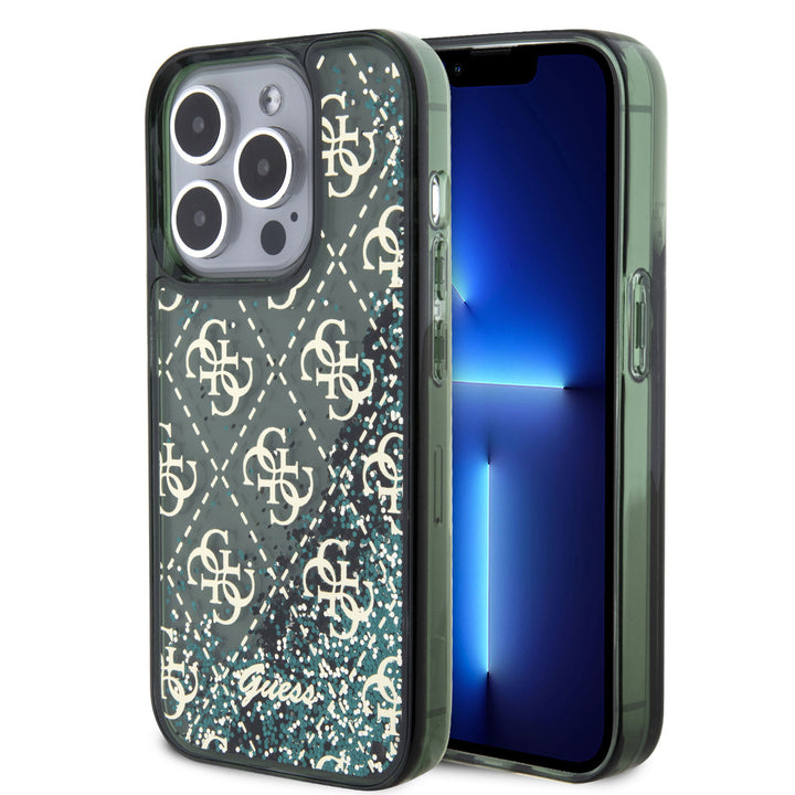Guess iPhone 15 Pro Backcover hoesje - Liquid Glitter - 4G Pattern - Groen-Hoesjes-Ilumina Benelux