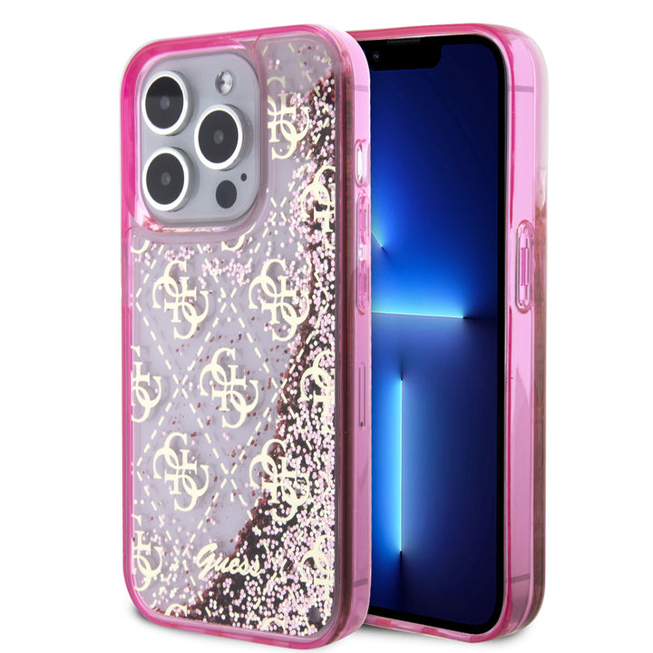 Guess iPhone 15 Pro Backcover hoesje - Liquid Glitter - 4G Pattern - Roze-Hoesjes-Ilumina Benelux