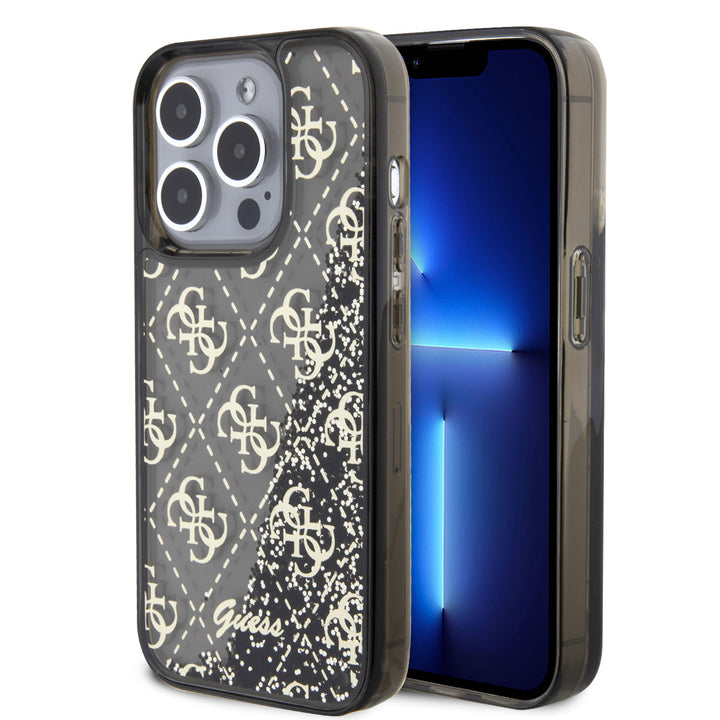 Guess iPhone 15 Pro Backcover hoesje - Liquid Glitter - 4G Pattern - Zwart-Hoesjes-Ilumina Benelux