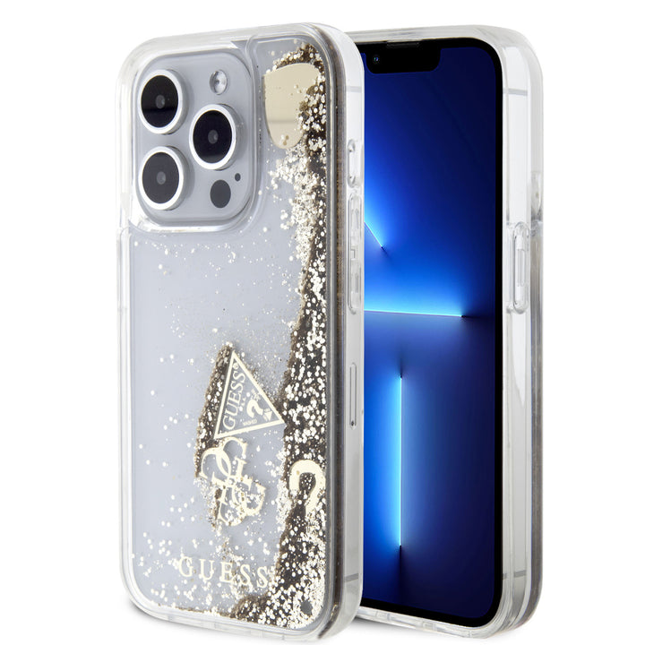 Guess iPhone 15 Pro Backcover hoesje - Liquid Glitter - Charm Pattern - Goud-Hoesjes-Ilumina Benelux