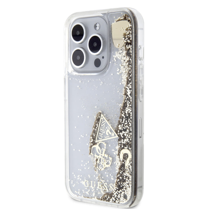 Guess iPhone 15 Pro Backcover hoesje - Liquid Glitter - Charm Pattern - Goud-Hoesjes-Ilumina Benelux