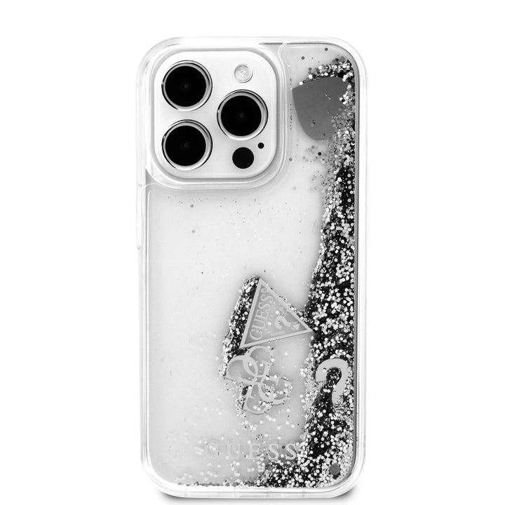 Guess iPhone 15 Pro Backcover hoesje - Liquid Glitter - Charm Pattern - Zilver-Hoesjes-Ilumina Benelux