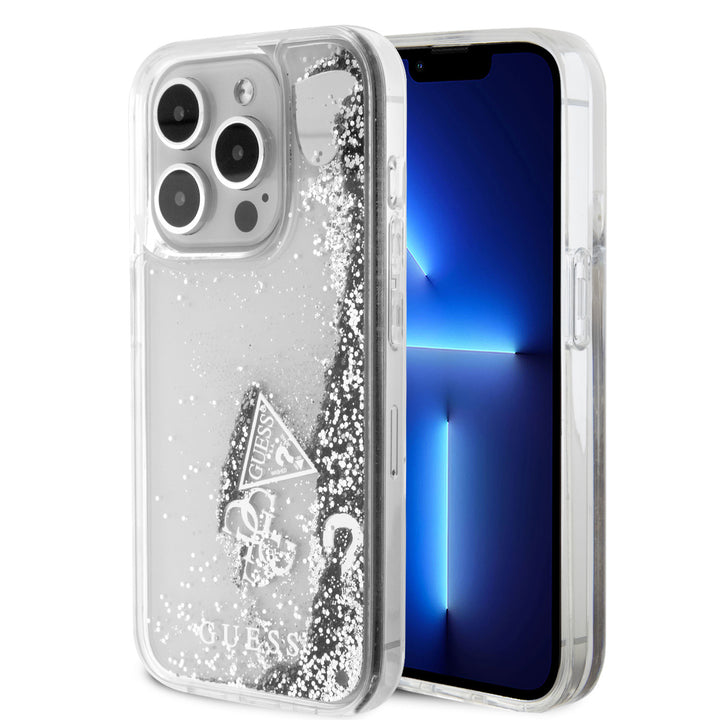 Guess iPhone 15 Pro Backcover hoesje - Liquid Glitter - Charm Pattern - Zilver-Hoesjes-Ilumina Benelux