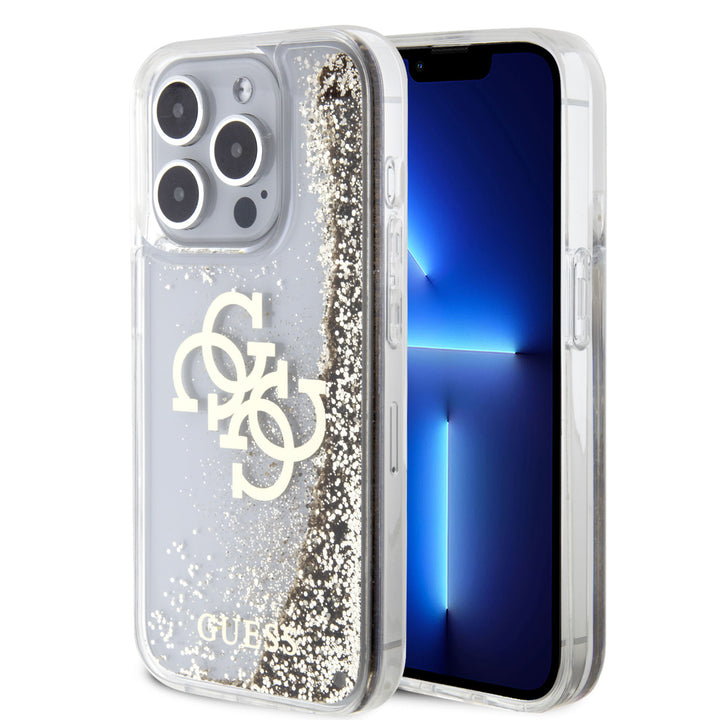 Guess iPhone 15 Pro Backcover hoesje - Liquid Glitter - Electroplated Logo - Goud-Hoesjes-Ilumina Benelux