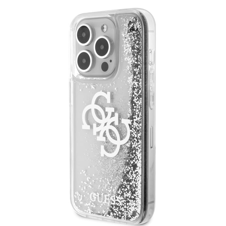 Guess iPhone 15 Pro Backcover hoesje - Liquid Glitter - Electroplated Logo - Zilver-Hoesjes-Ilumina Benelux