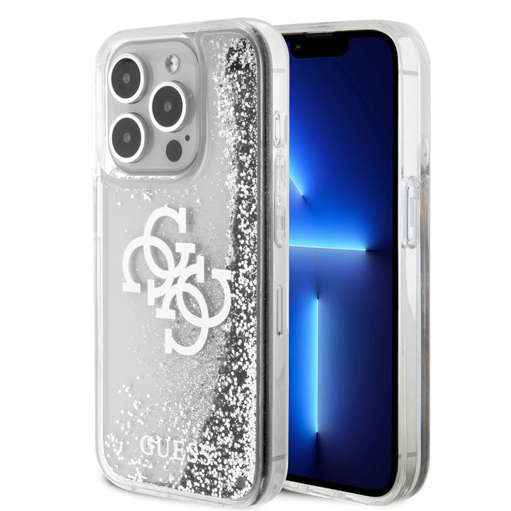 Guess iPhone 15 Pro Backcover hoesje - Liquid Glitter - Electroplated Logo - Zilver-Hoesjes-Ilumina Benelux