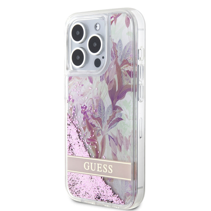 Guess iPhone 15 Pro Backcover hoesje - Liquid Glitter - Flower Pattern - Roze-Hoesjes-Ilumina Benelux