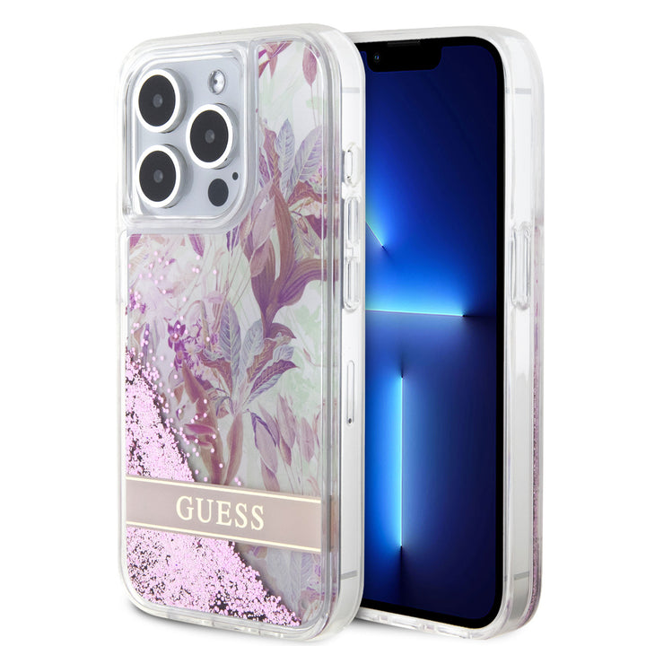 Guess iPhone 15 Pro Backcover hoesje - Liquid Glitter - Flower Pattern - Roze-Hoesjes-Ilumina Benelux