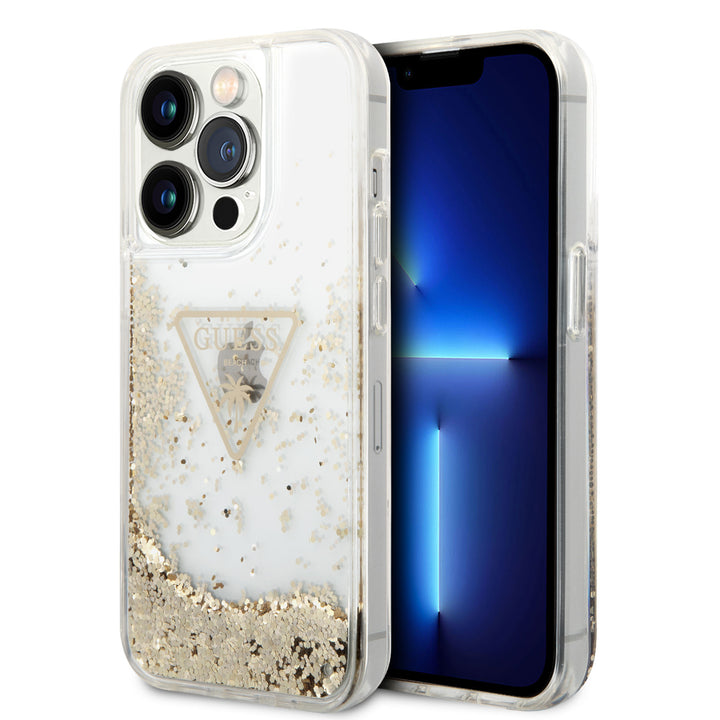 Guess iPhone 15 Pro Backcover hoesje - Liquid Glitter - Gold Logo - Transparant-Hoesjes-Ilumina Benelux