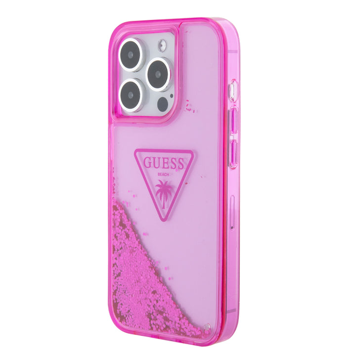 Guess iPhone 15 Pro Backcover hoesje - Liquid Glitter - Translucent Logo - Fuchsia-Hoesjes-Ilumina Benelux