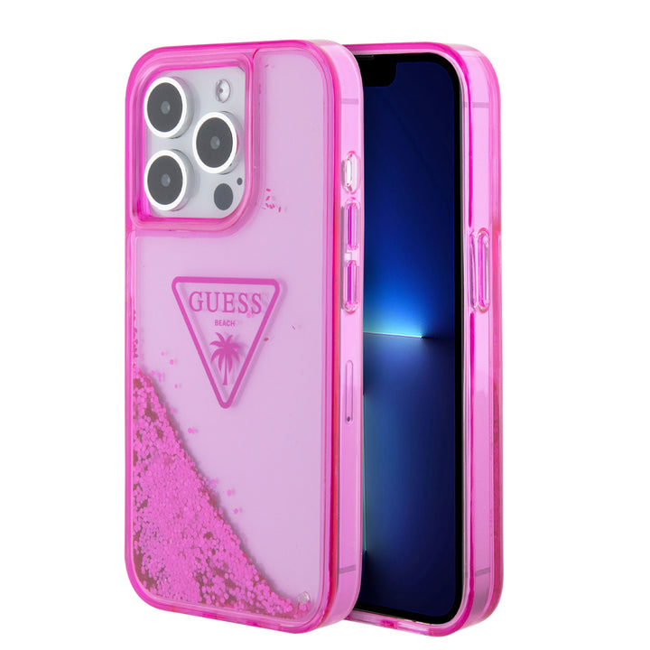 Guess iPhone 15 Pro Backcover hoesje - Liquid Glitter - Translucent Logo - Fuchsia-Hoesjes-Ilumina Benelux