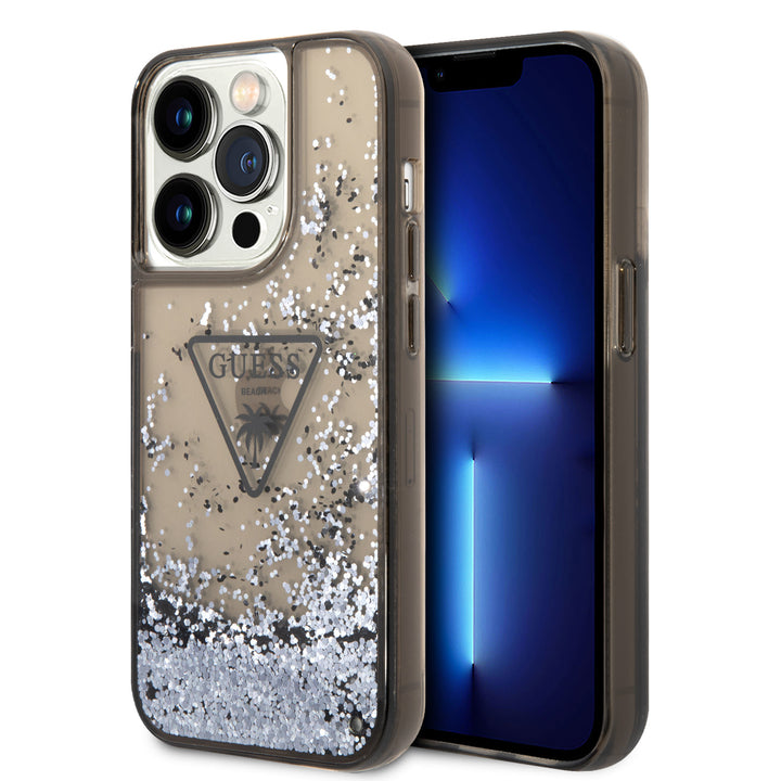 Guess iPhone 15 Pro Backcover hoesje - Liquid Glitter - Translucent Logo - Zwart-Hoesjes-Ilumina Benelux