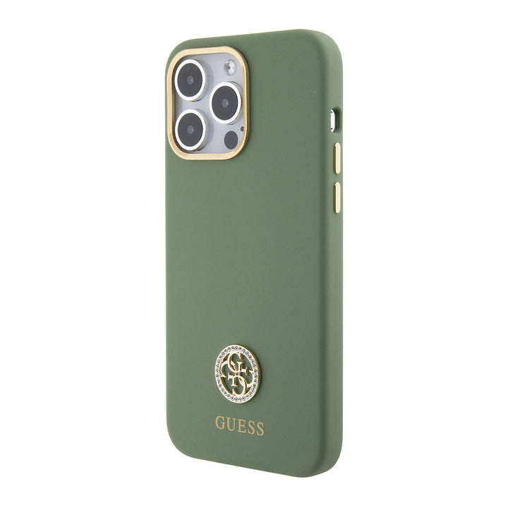 Guess iPhone 15 Pro Backcover hoesje Logo strass 4G - Kaki-Hoesjes-Ilumina Benelux