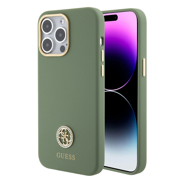 Guess iPhone 15 Pro Backcover hoesje Logo strass 4G - Kaki-Hoesjes-Ilumina Benelux