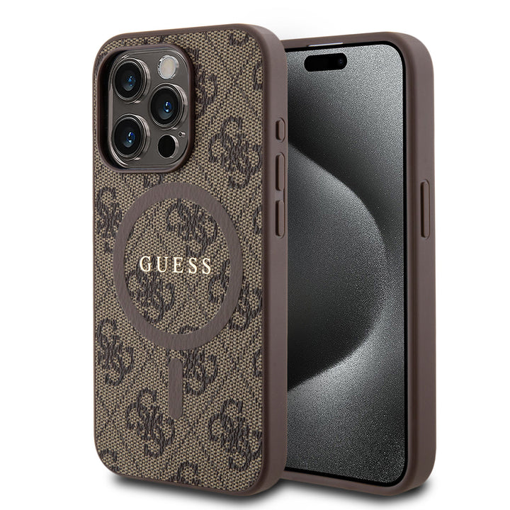 Guess iPhone 15 Pro Backcover hoesje - MagSafe - 4G Classic Logo - Bruin-Hoesjes-Ilumina Benelux